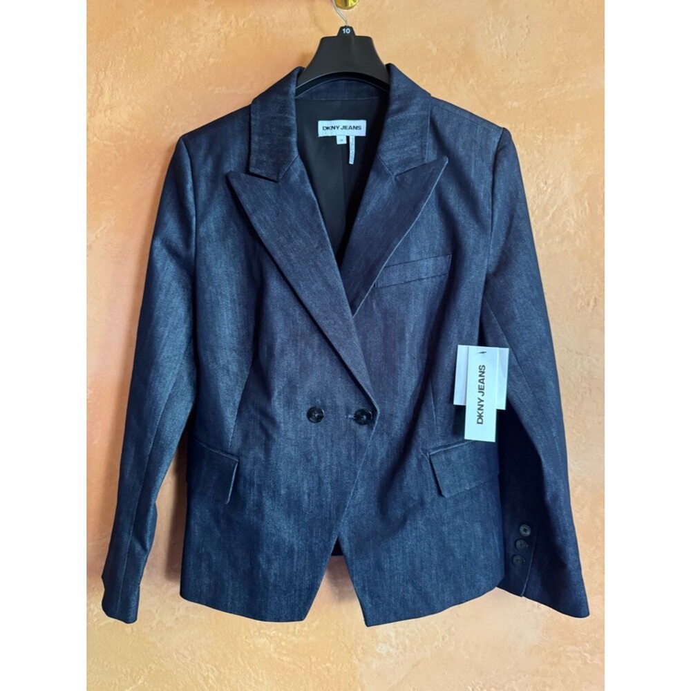 DKNY Jeans NWT Double Breasted Blazer Dark Wash Denim Look Jacket Size 10